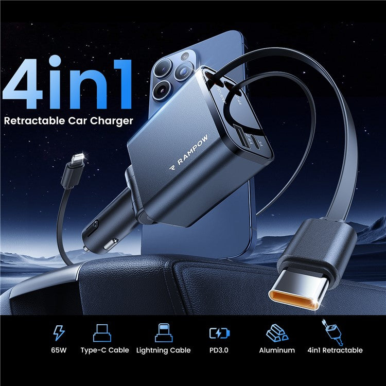 RAMPOW 50W Car Charger USB + Type-C Output Charging Station with Retractable Type-C + 8-Pin Cables - Black