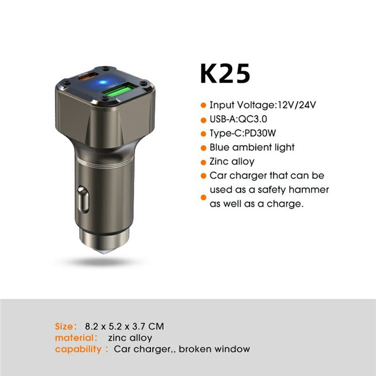 K25 Car Charger Adapter PD 30W Super Charger Fast Charging Metal Window Breaker