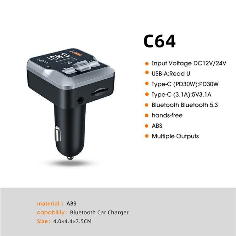 C64 Bluetooth 5.3 Car Adapter PD 30W Car Charger Handsfree Calling Audio Receiver MP3 Music Player