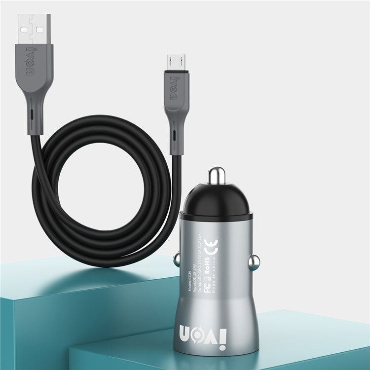 IVON CC39 3.1A QC3.0 Fast Charging Cigarette Lighter Car Charger Adapter - Micro USB Cable