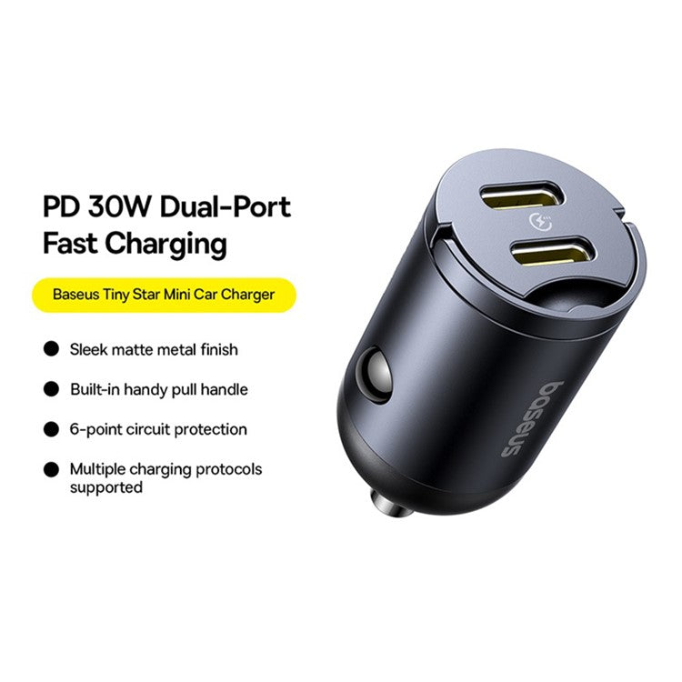 BASEUS Tiny Star PD 30W Fast Charging Dual USB-C Mini Car Charger with Handle - Black