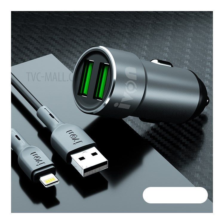 IVON CC38 2.4A Dual USB Cigarette Lighter Car Charger Adapter - Lightning Cable