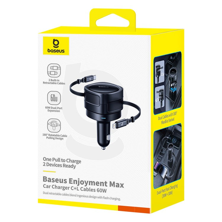 BASEUS Enjoyment Max Car Charger 60W C + L Dual Cable Rotatable Design Fast Charging Retractable Cables