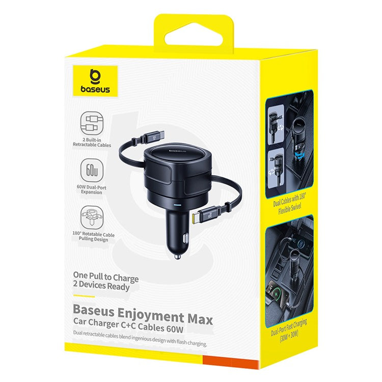 BASEUS Enjoyment Max Car Charger 60W C + C Dual Cable Rotatable Design Fast Charging Retractable Cables