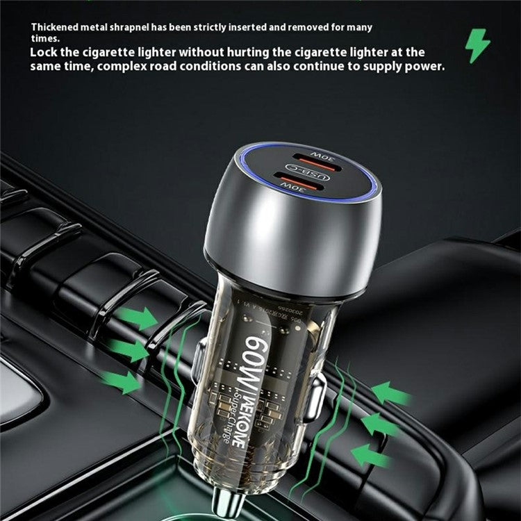 WEKOME WP-C54 Car Charger 60W Dual USB-C Fast Charging Aluminum Alloy Transparent Adapter - Silver