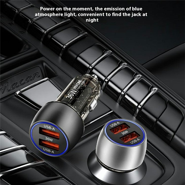 WEKOME WP-C55 Car Charger 36W Dual USB Fast Charging Aluminum Alloy Transparent Adapter - Silver