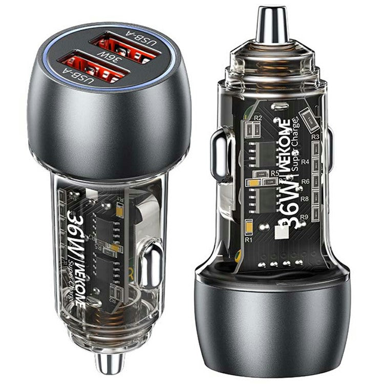 WEKOME WP-C55 Car Charger 36W Dual USB Fast Charging Aluminum Alloy Transparent Adapter - Black