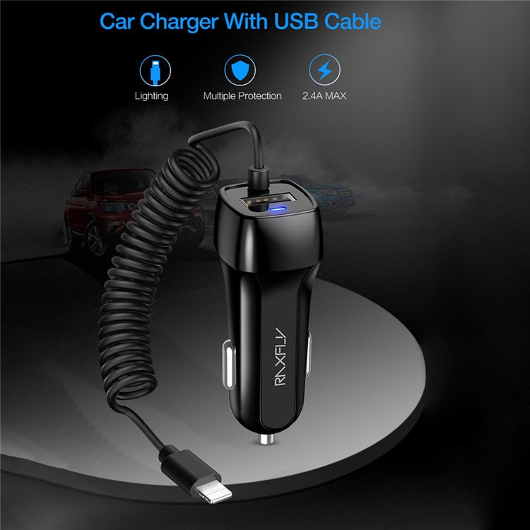 RAXFLY 5V 2.1A Car Charger with Lightning USB Spring Cable Cigarette Lighter Cable for iPhone/iPad/iPod