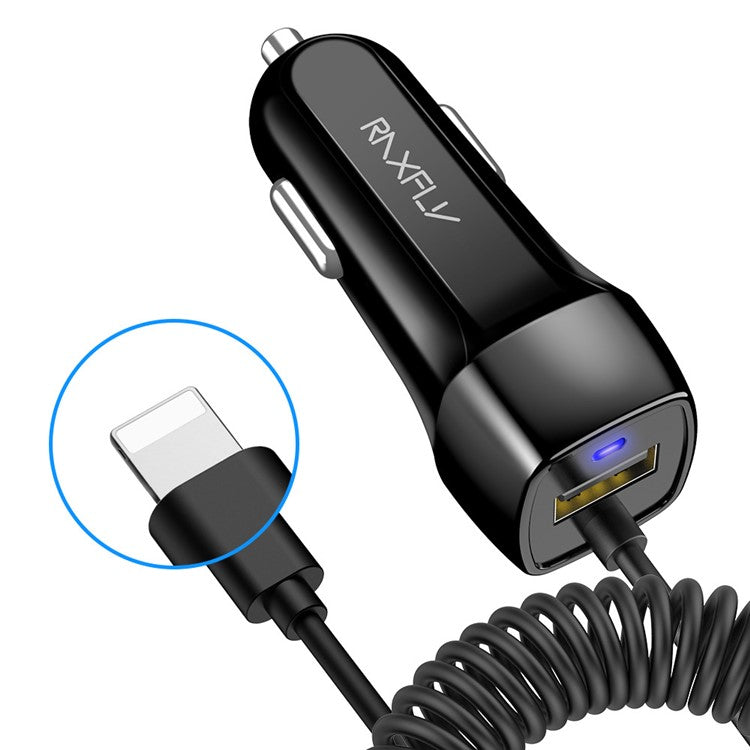 RAXFLY 5V 2.1A Car Charger with Lightning USB Spring Cable Cigarette Lighter Cable for iPhone/iPad/iPod