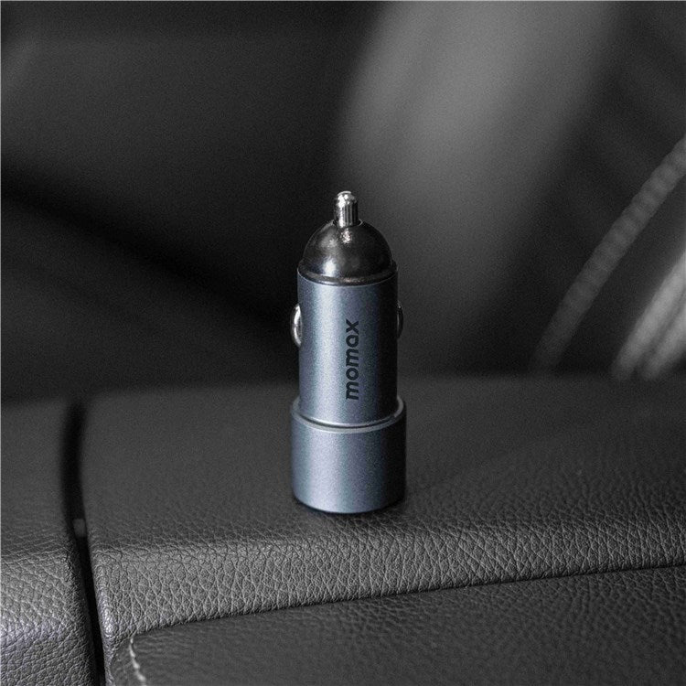 MOMAX UC15 38W Mini Aluminum Alloy Dual Port Car Charger PD + QC 3.0 Fast Charging Cigarette Lighter Adapter - Grey