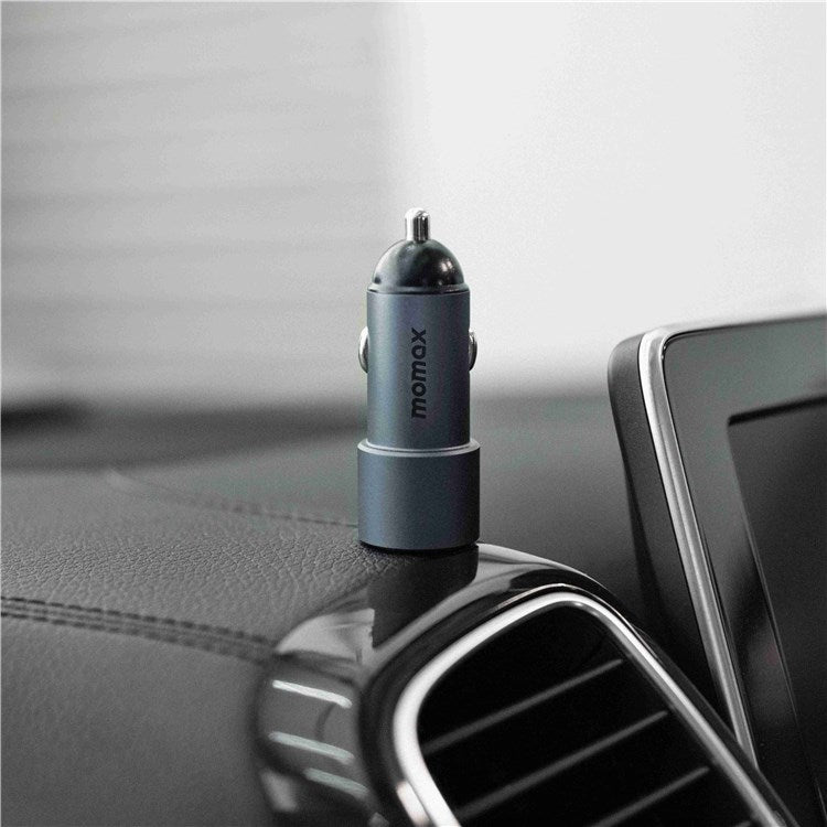 MOMAX UC15 38W Mini Aluminum Alloy Dual Port Car Charger PD + QC 3.0 Fast Charging Cigarette Lighter Adapter - Grey