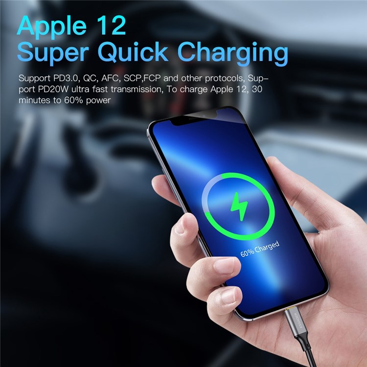 ESSAGER for 12-24V Car Lightning+USB-A Aluminum Alloy Mini Charger with Cable PD 20W Fast Charger