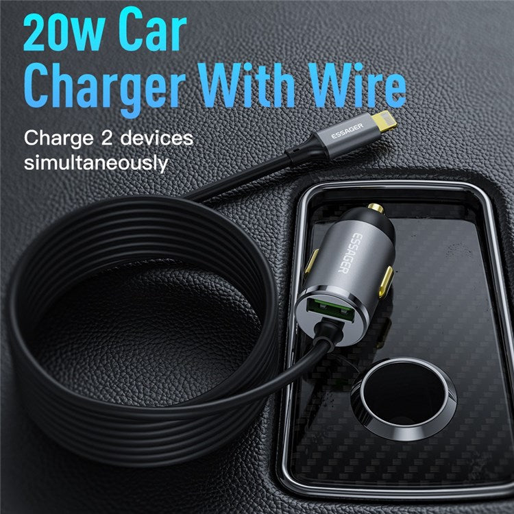 ESSAGER for 12-24V Car Lightning+USB-A Aluminum Alloy Mini Charger with Cable PD 20W Fast Charger