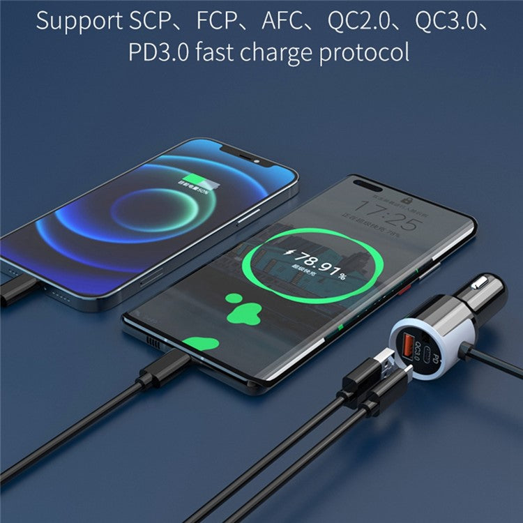 SC03 3 QC3.0 USB+2 Type-C PD Phone Fast Charging Adapter Back Clip Design Extended Car Charger