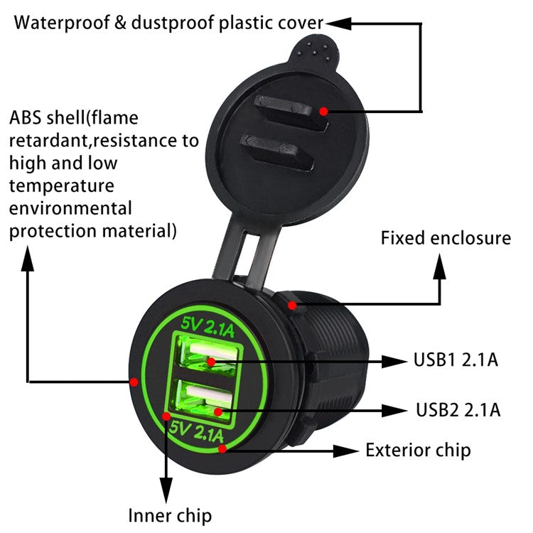 ZH-526F Dual USB Port Car Charger 4.2A Fast Charging Power Charger with Dual LED Ring Light - Green