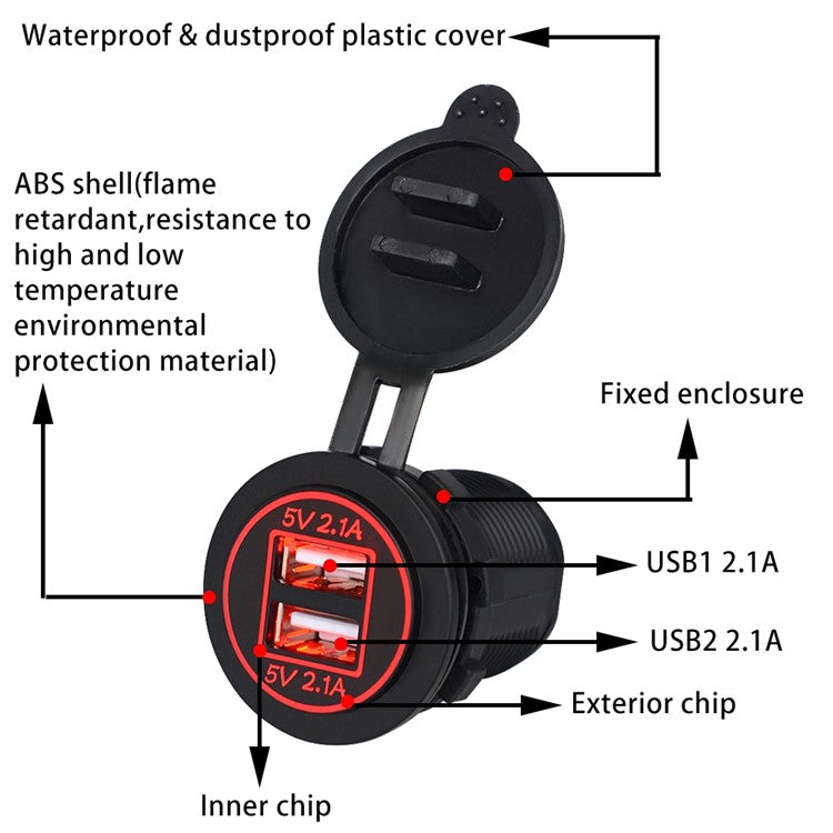 ZH-526F Dual USB Port Car Charger 4.2A Fast Charging Power Charger with Dual LED Ring Light - Red