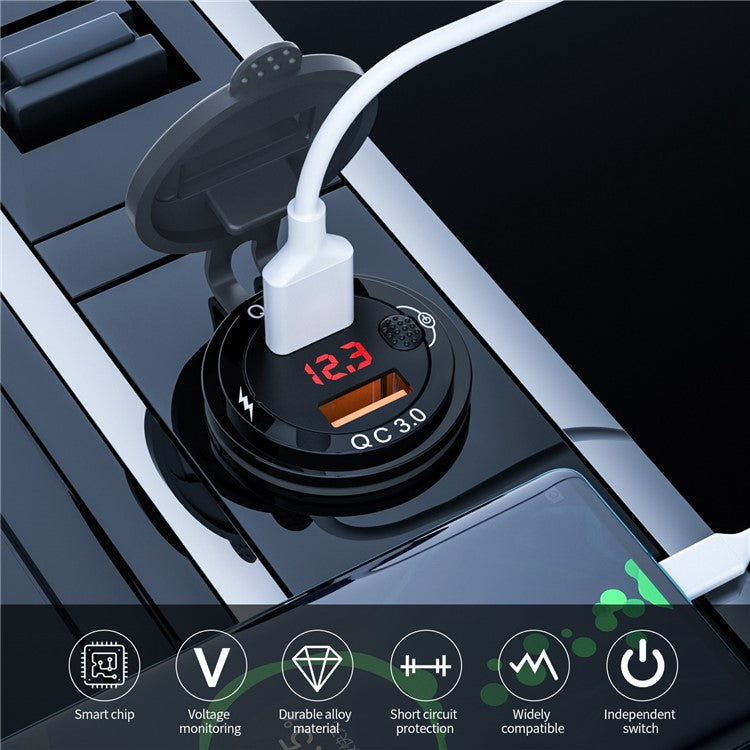 ZH-1427A2 Waterproof QC3.0 Fast Charging Plug Adapter Dual USB Port Car Charger with Digital Display Screen