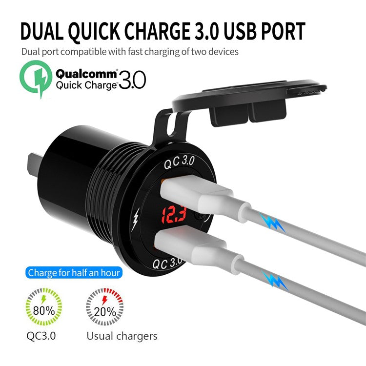 ZH-1427A2 Waterproof QC3.0 Fast Charging Plug Adapter Dual USB Port Car Charger with Digital Display Screen