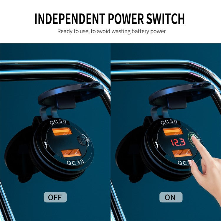 ZH-1427A2 Waterproof QC3.0 Fast Charging Plug Adapter Dual USB Port Car Charger with Digital Display Screen