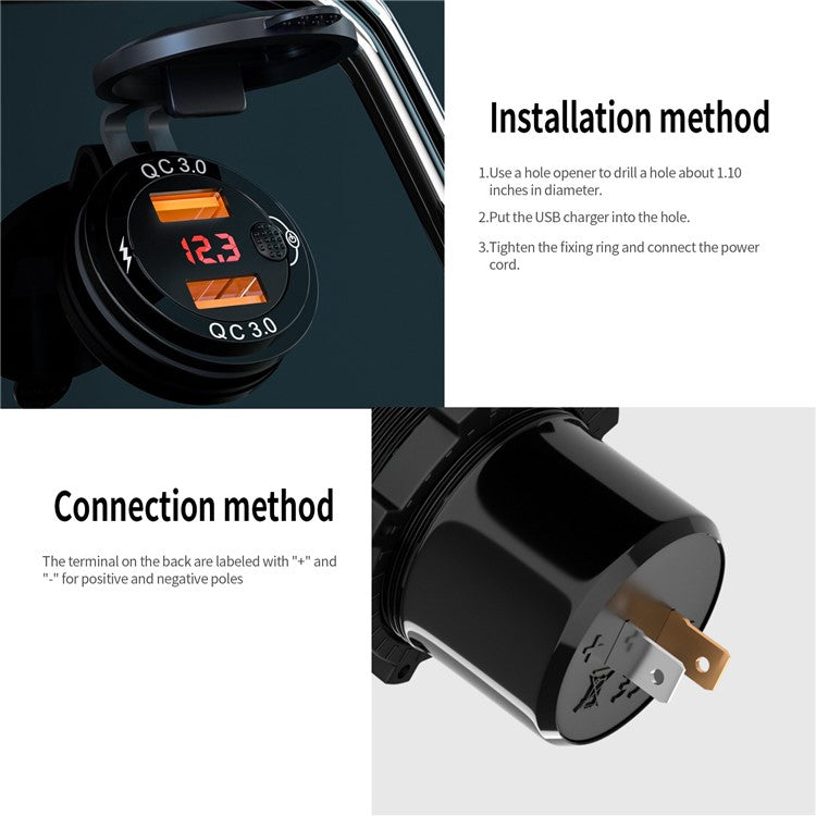 ZH-1427A2 Waterproof QC3.0 Fast Charging Plug Adapter Dual USB Port Car Charger with Digital Display Screen