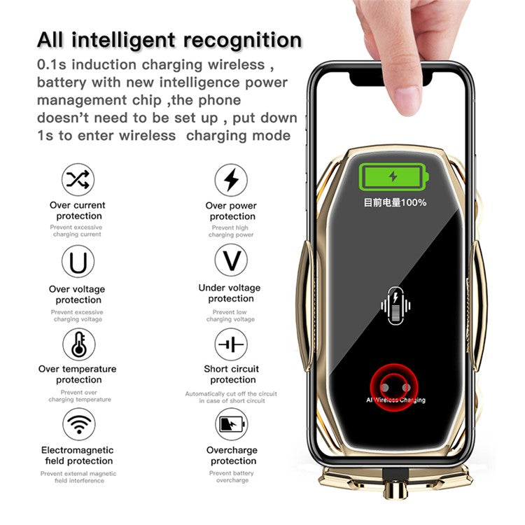 A5S Wireless Magnetic Car Charger Infrared Auto Sensing Clamp Car Air Vent Outlet Phone Mount Holder Magnetic Charging Station - Gold