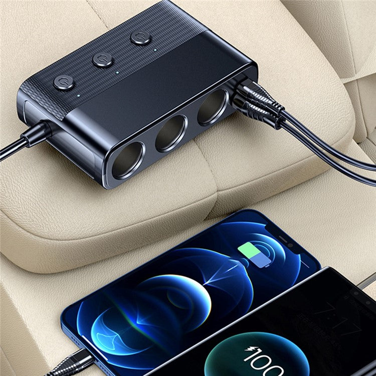 C28 1 Male to 3 Female Car Cigarette Lighter Charger Multifunctional 7-Port Car Charger PD30W+QC3.0 Fast Charger for 12V-24V Vehicles