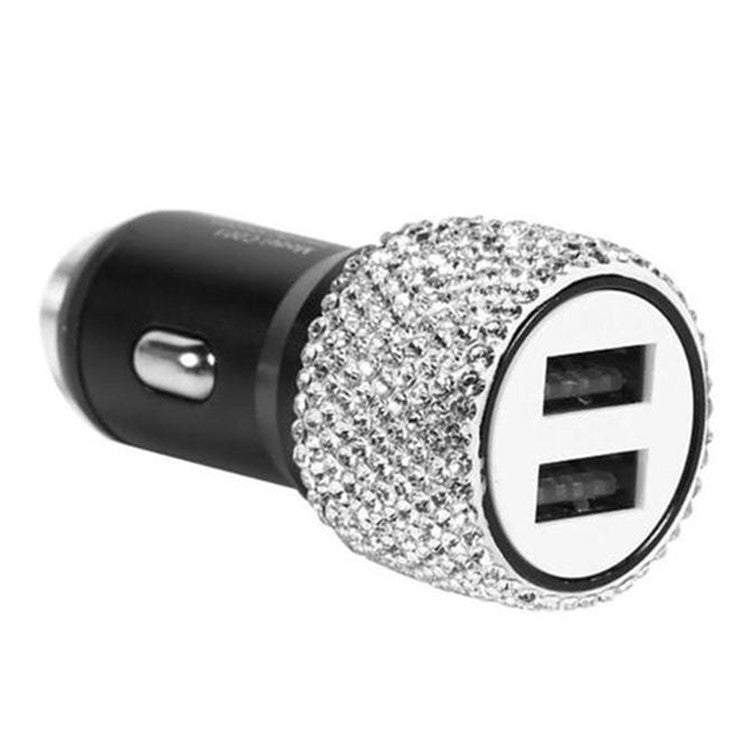 Rhinestone Decor Dual USB Car Charger Phone Fast Charging Power Adapter with Safety Hammer Function - White