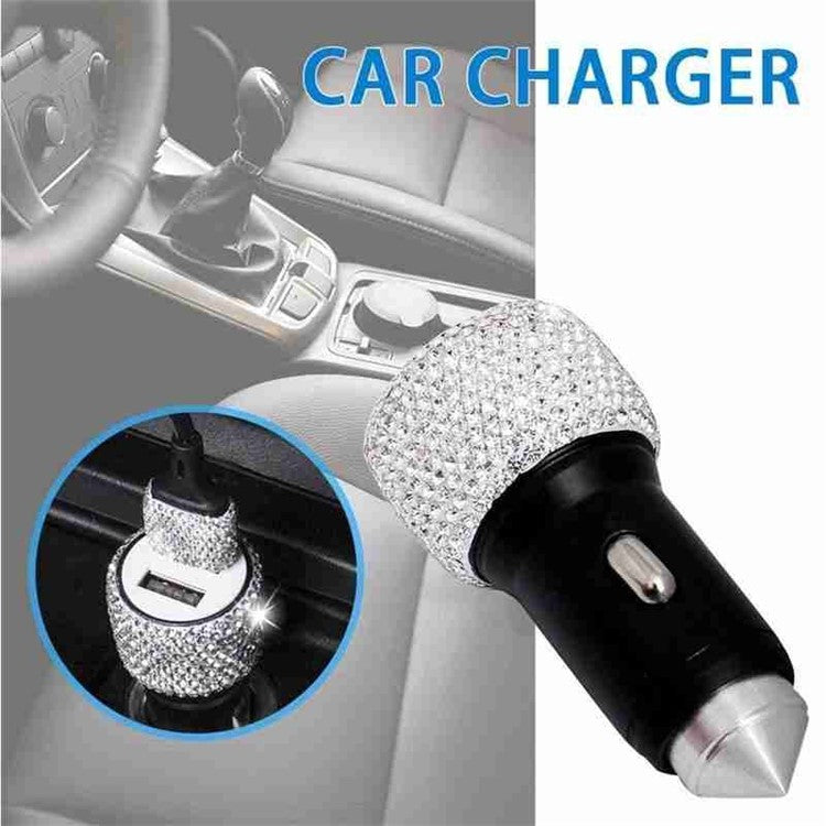 Rhinestone Decor Dual USB Car Charger Phone Fast Charging Power Adapter with Safety Hammer Function - White