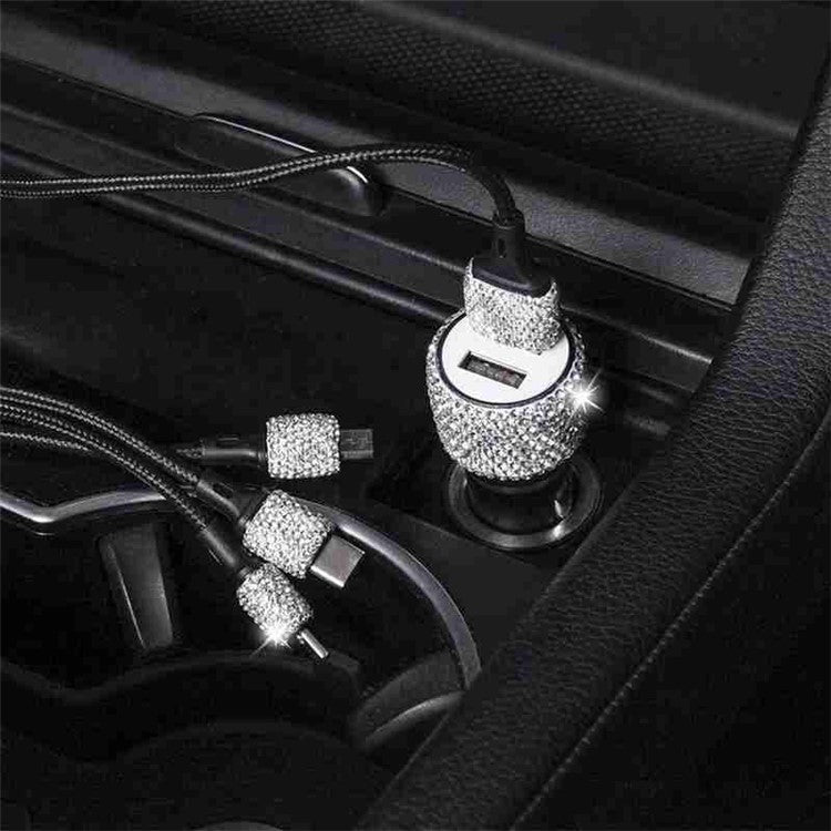 Rhinestone Decor Dual USB Car Charger Phone Fast Charging Power Adapter with Safety Hammer Function - White