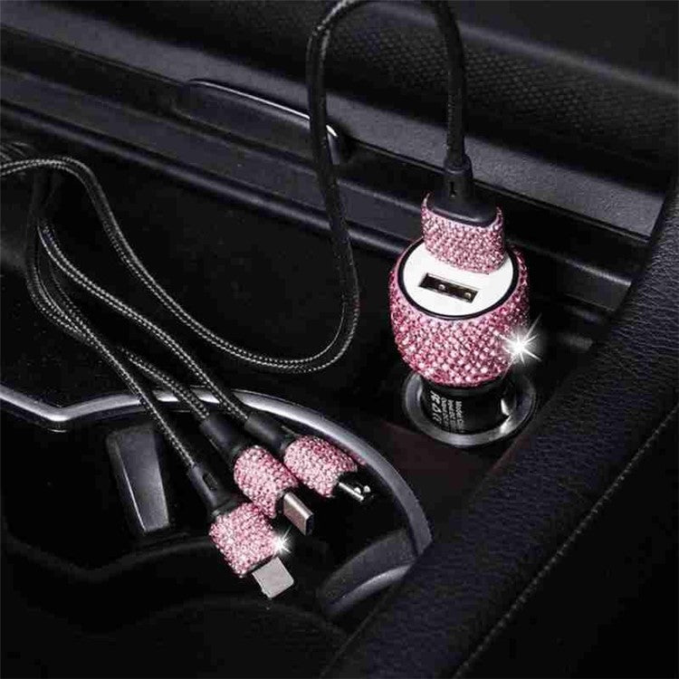 Rhinestone Decor Dual USB Car Charger Phone Fast Charging Power Adapter with Safety Hammer Function - White