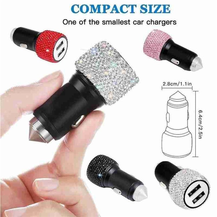 Rhinestone Decor Dual USB Car Charger Phone Fast Charging Power Adapter with Safety Hammer Function - White