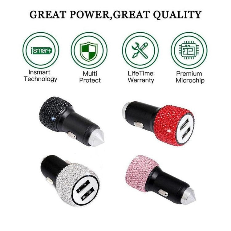 Rhinestone Decor Dual USB Car Charger Phone Fast Charging Power Adapter with Safety Hammer Function - White