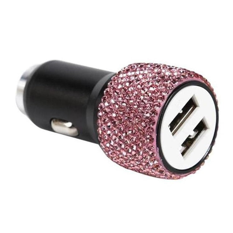 Rhinestone Decor Dual USB Car Charger Phone Fast Charging Power Adapter with Safety Hammer Function - Pink