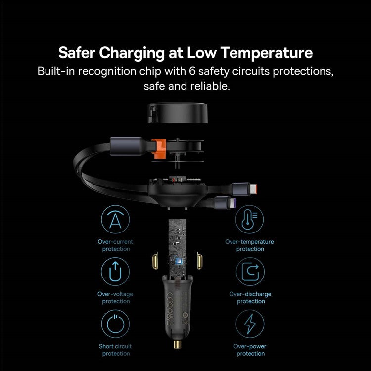 BASEUS Enjoyment 33W / 30W Fast Charging Retractable 2-in-1 Car Charger for Xiaomi / Huawei / Samsung - Black