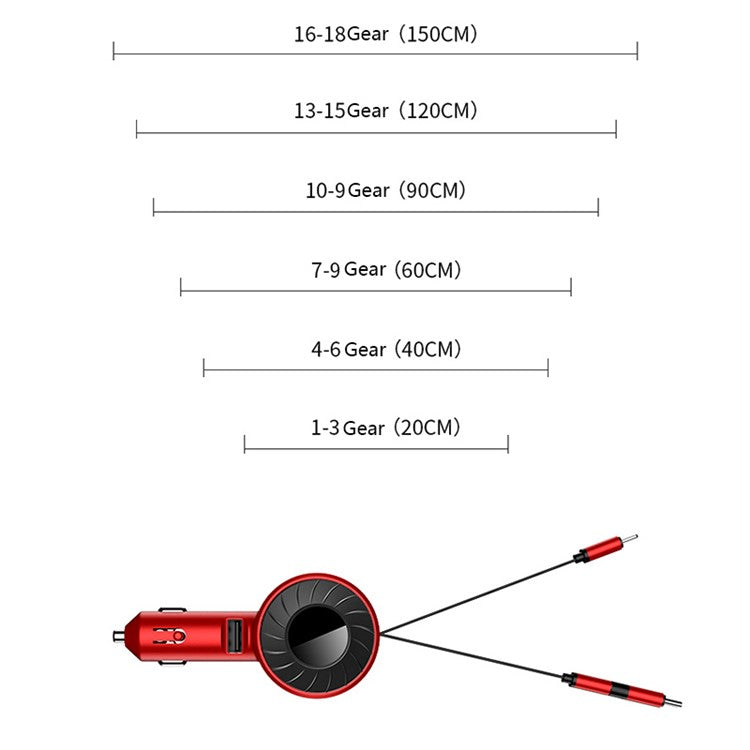 4.2A Fast Charge Car Charger Socket Car Cigarette Lighter Adapter with 3-in-1 Telescopic Cable (9th Gen) - Red