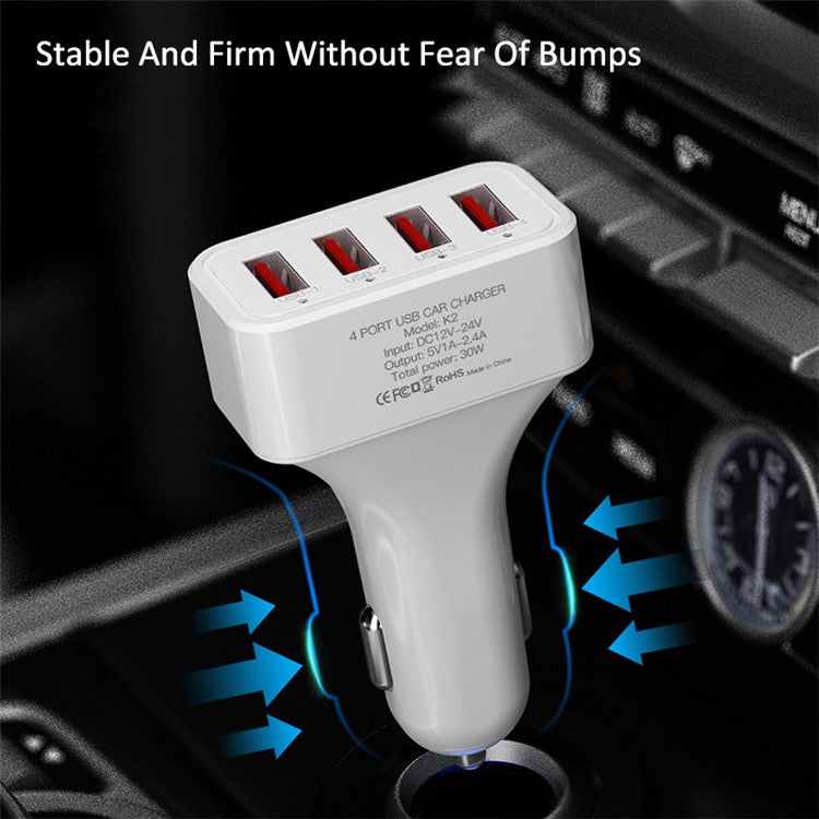 K2 4 USB Ports Car Charger PC+ABS Mobile Phone Tablet Charging Power Adapter (CE Certified)