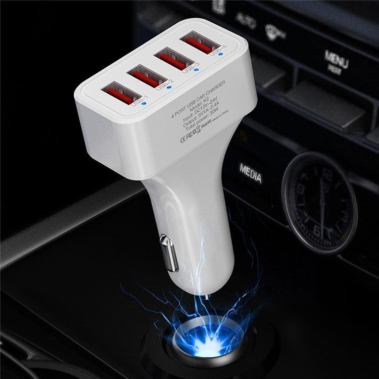 K2 4 USB Ports Car Charger PC+ABS Mobile Phone Tablet Charging Power Adapter (CE Certified)