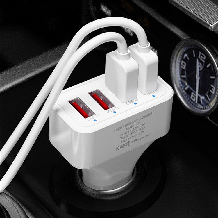 K2 4 USB Ports Car Charger PC+ABS Mobile Phone Tablet Charging Power Adapter (CE Certified)