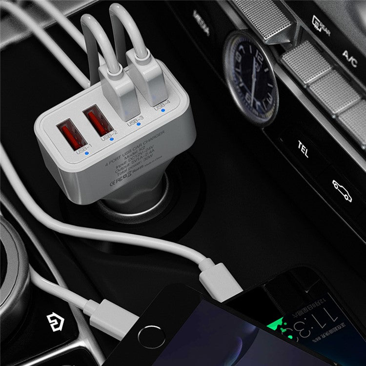 K2 4 USB Ports Car Charger PC+ABS Mobile Phone Tablet Charging Power Adapter (CE Certified)