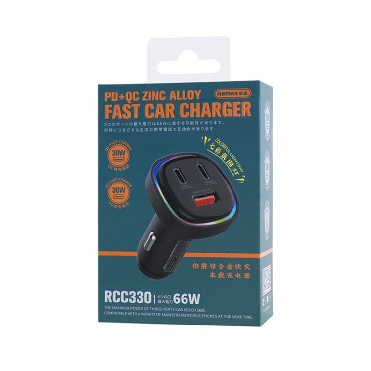 REMAX RCC330 66W USB + 2 Type-C Car Charger Zinc Alloy Phone Fast Charging Power Adapter