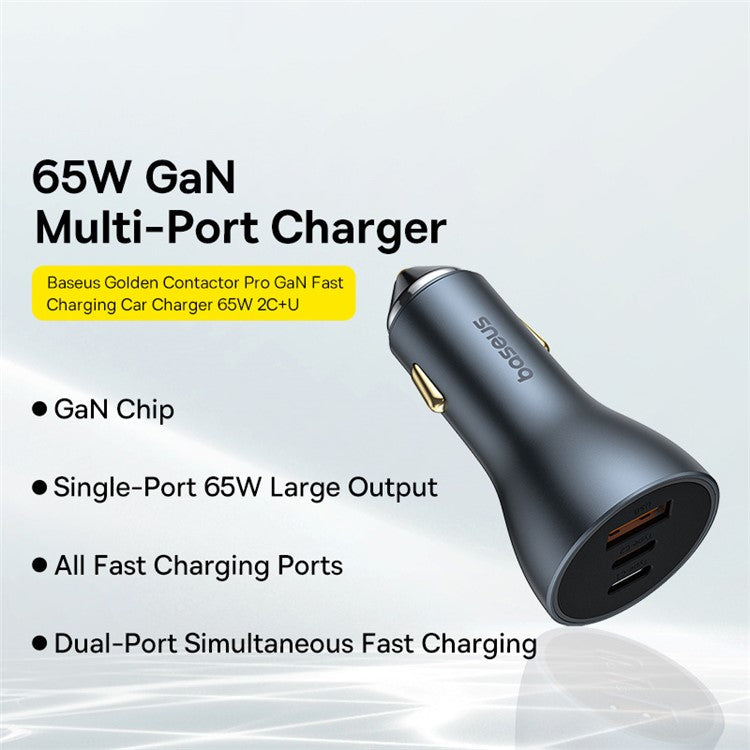 BASEUS Golden Contactor Pro 65W GaN Fast Charging Car Charger 2USB-C+USB Multi Port Car Charger