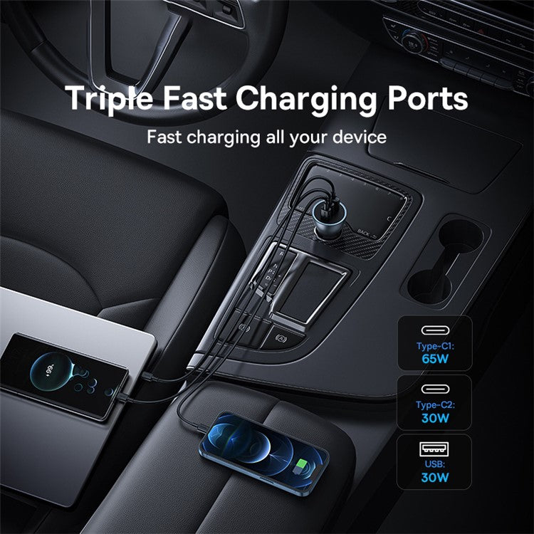 BASEUS Golden Contactor Pro 65W GaN Fast Charging Car Charger 2USB-C+USB Multi Port Car Charger