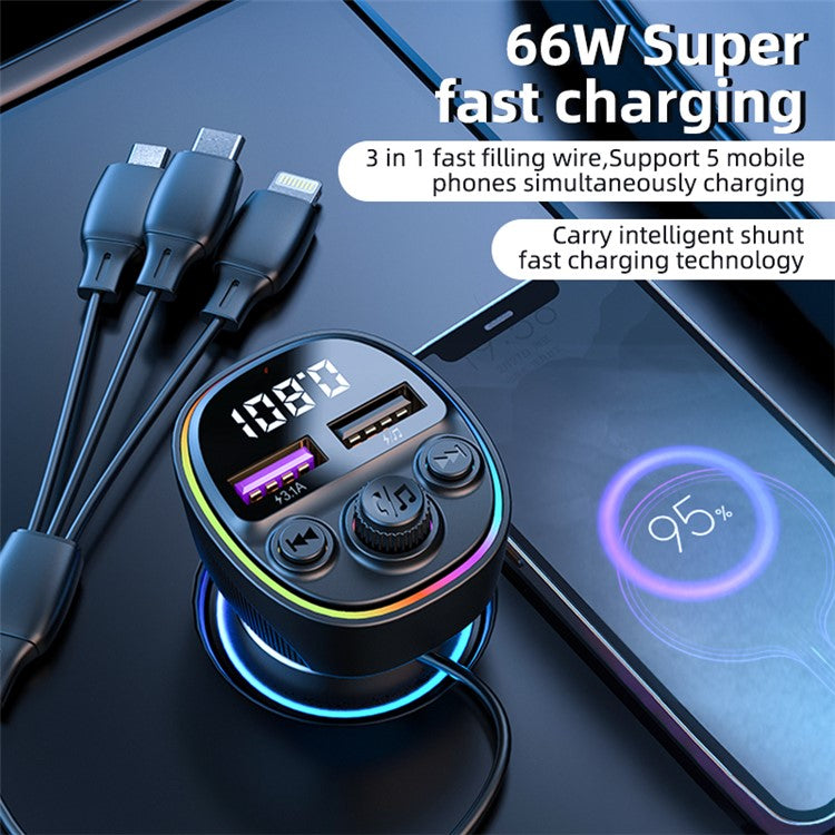 CS1 3-In-1 66W Super Fast Car Charger MP3 Player Bluetooth FM Transmitter Car Charger with 3 Charging Cables