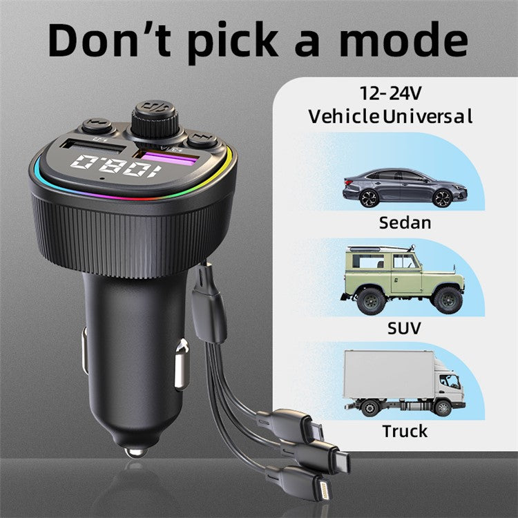 CS1 3-In-1 66W Super Fast Car Charger MP3 Player Bluetooth FM Transmitter Car Charger with 3 Charging Cables