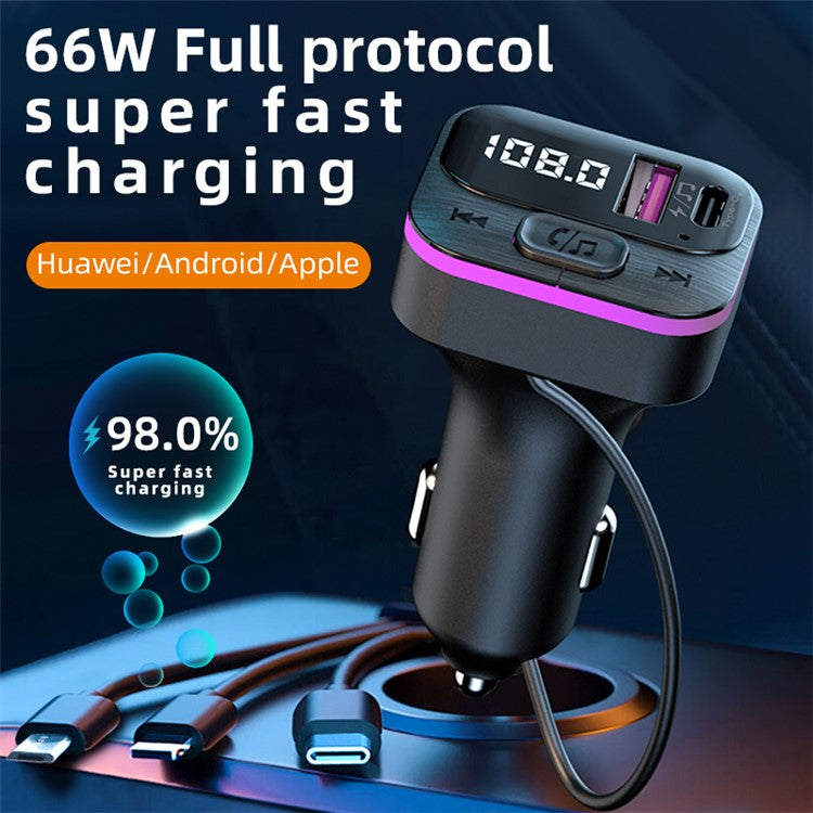 CS3 USB+USB-C 66W Car Charger MP3 Player Bluetooth FM Transmitter Car Charger with 3 Charging Cables