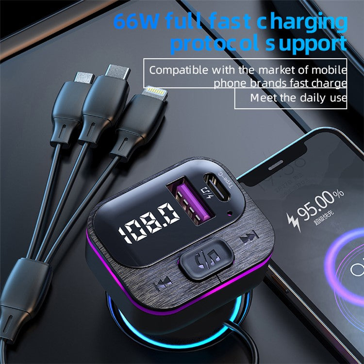 CS3 USB+USB-C 66W Car Charger MP3 Player Bluetooth FM Transmitter Car Charger with 3 Charging Cables