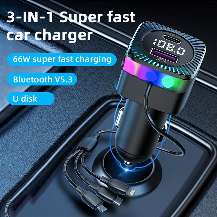 CS5 Super Fast Car Charger Bluetooth 5.3 MP3 Player, FM Transmitter Car Charger with 3-in-1 Charging Cable