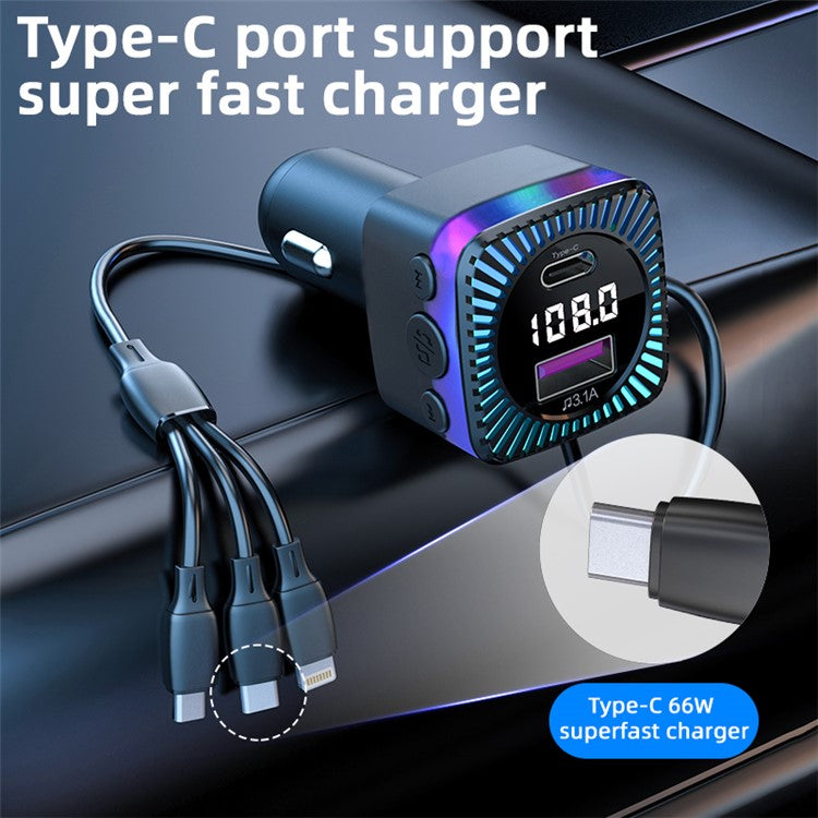 CS5 Super Fast Car Charger Bluetooth 5.3 MP3 Player, FM Transmitter Car Charger with 3-in-1 Charging Cable