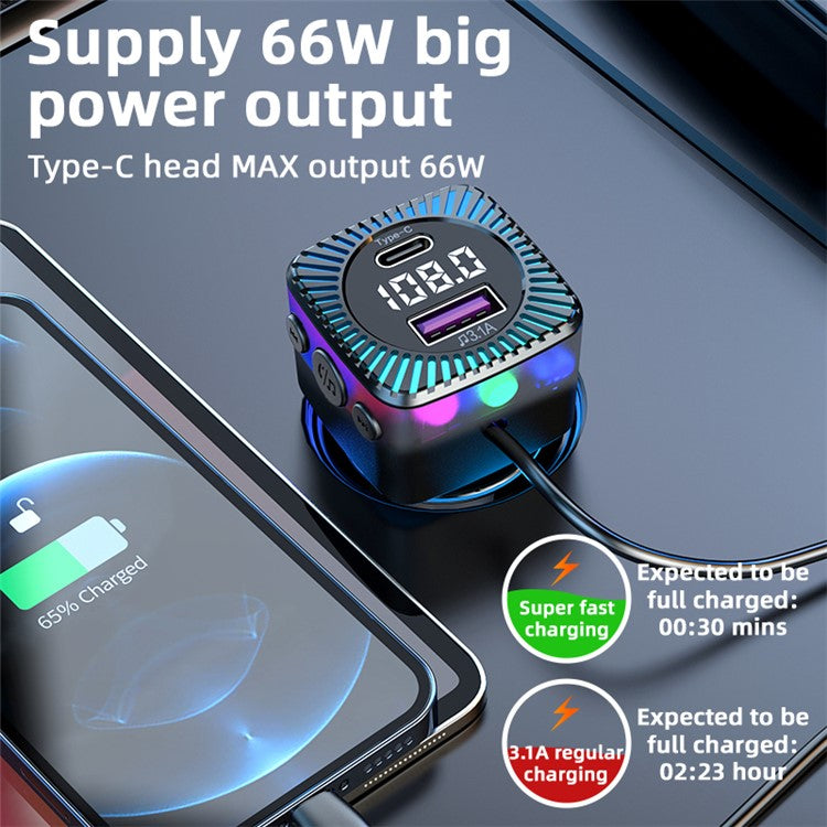 CS5 Super Fast Car Charger Bluetooth 5.3 MP3 Player, FM Transmitter Car Charger with 3-in-1 Charging Cable