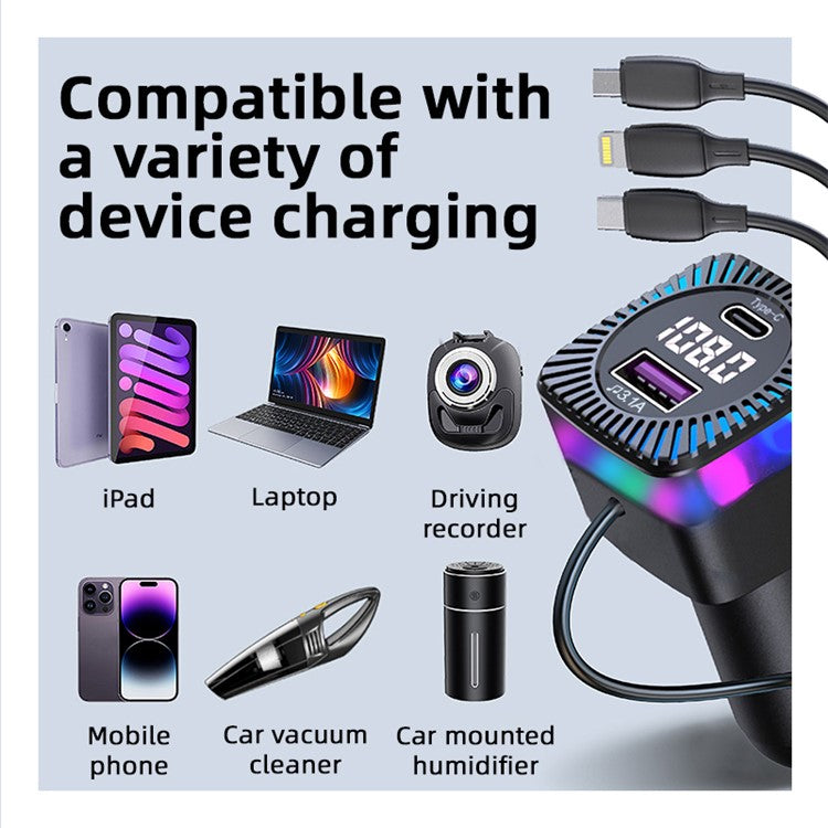 CS5 Super Fast Car Charger Bluetooth 5.3 MP3 Player, FM Transmitter Car Charger with 3-in-1 Charging Cable